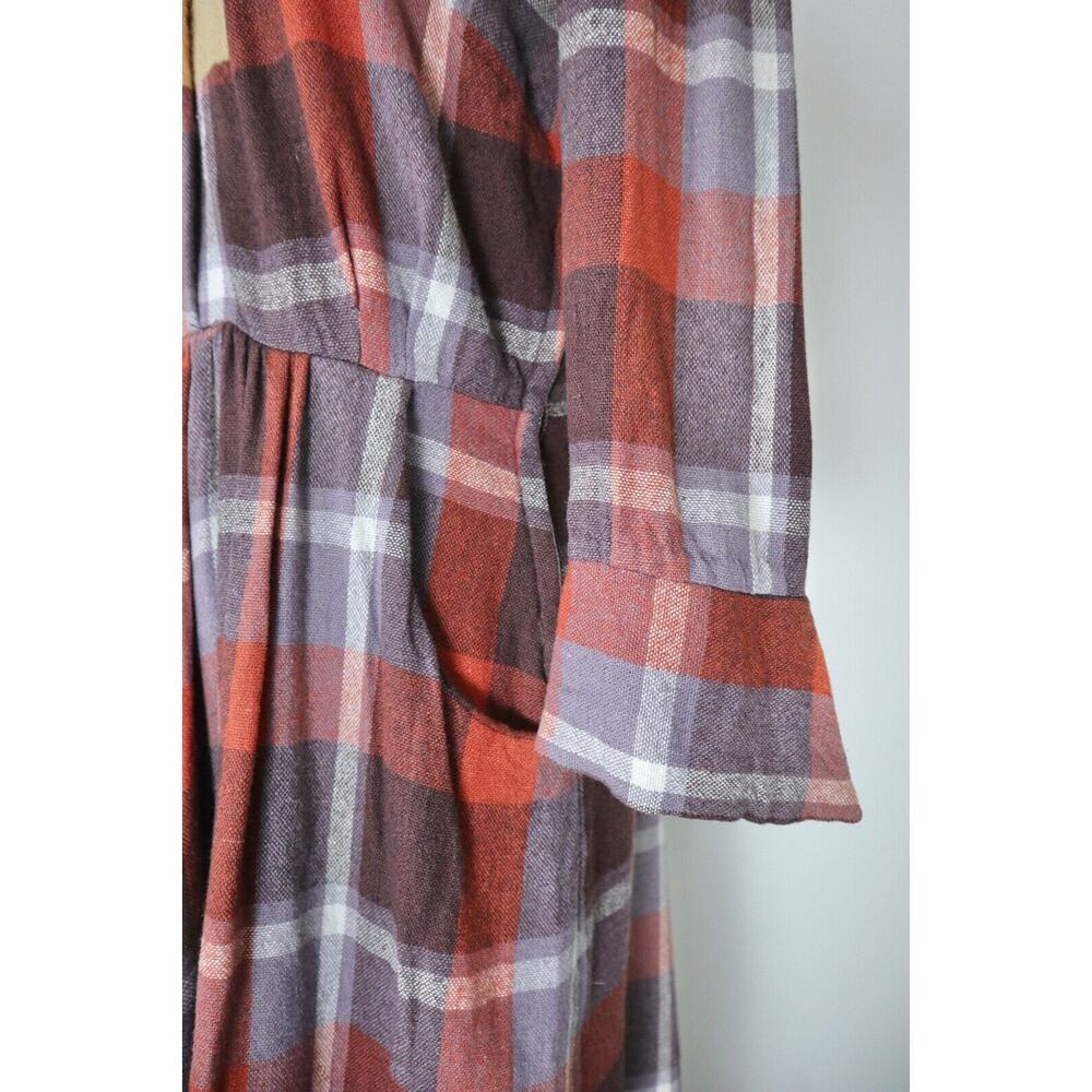 Vintage 1970s Wool Tartan Collared Dress Button Front Plaid Check Brown Orange - Picture 7 of 12